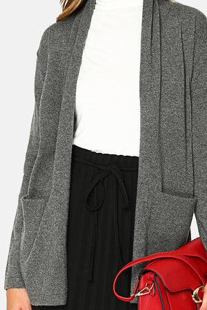 Long shawl collar cardigan with front pockets and long sleeves