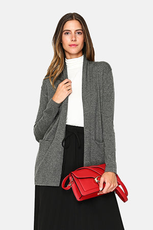 Long shawl collar cardigan with front pockets and long sleeves