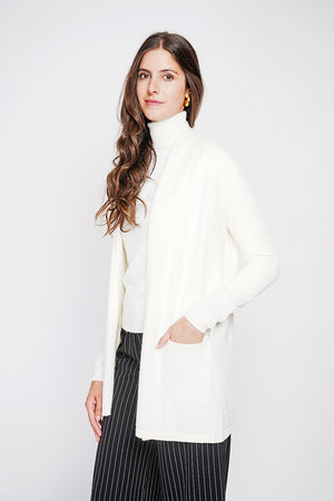 Long shawl collar cardigan with front pockets and long sleeves