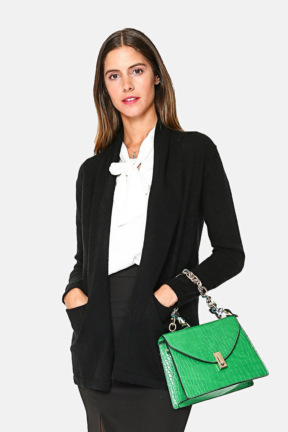Long shawl collar cardigan with front pockets and long sleeves