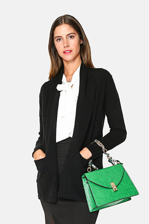 Long shawl collar cardigan with front pockets and long sleeves