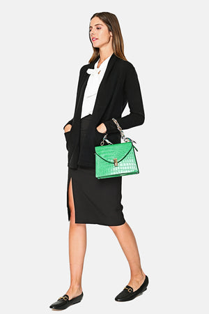 Long shawl collar cardigan with front pockets and long sleeves