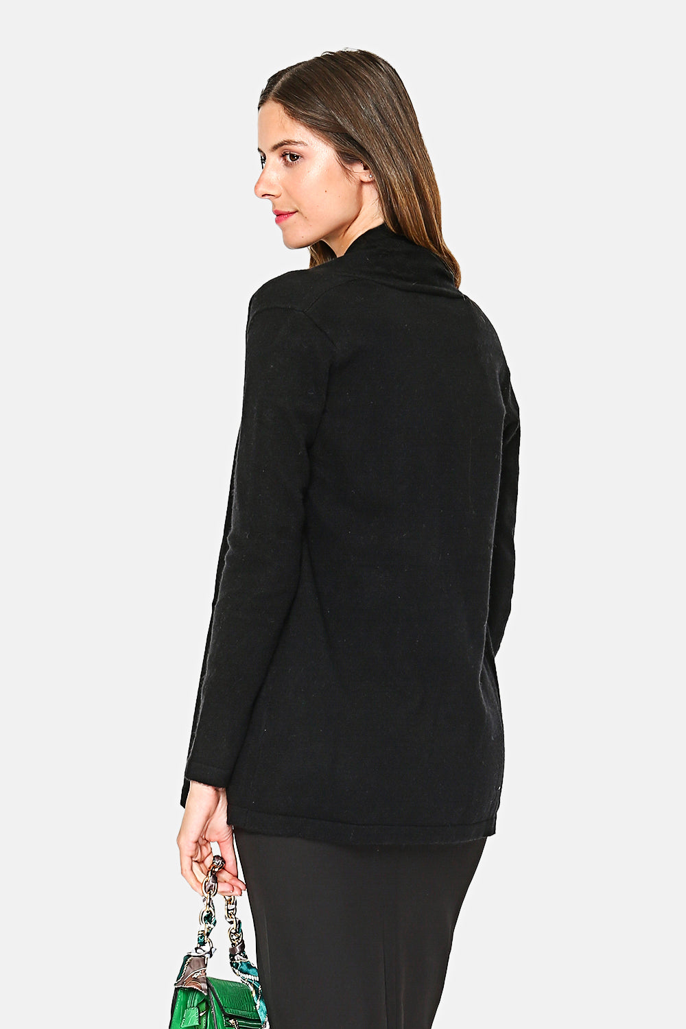 Long shawl collar cardigan with front pockets and long sleeves