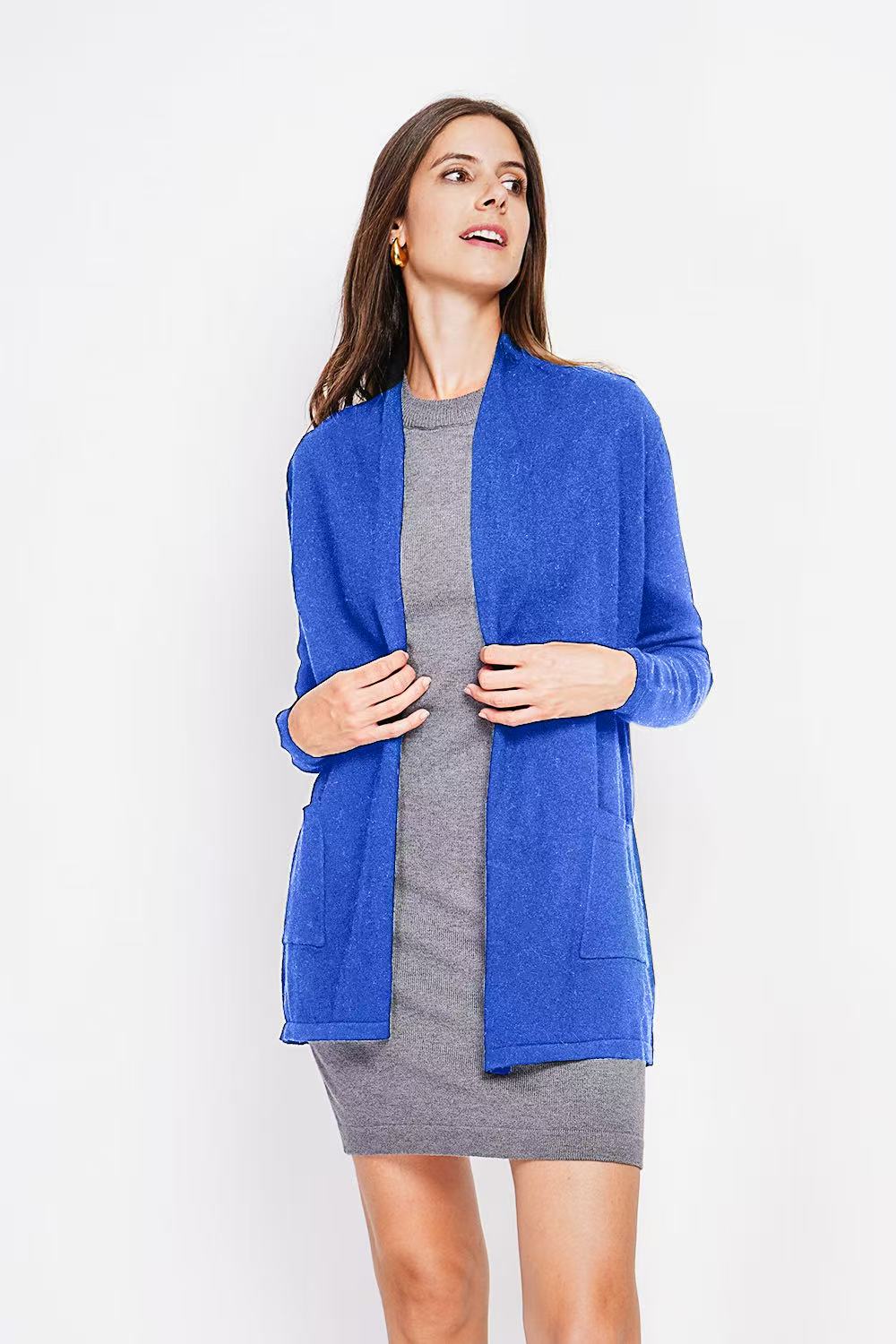 Long shawl collar cardigan with front pockets and long sleeves