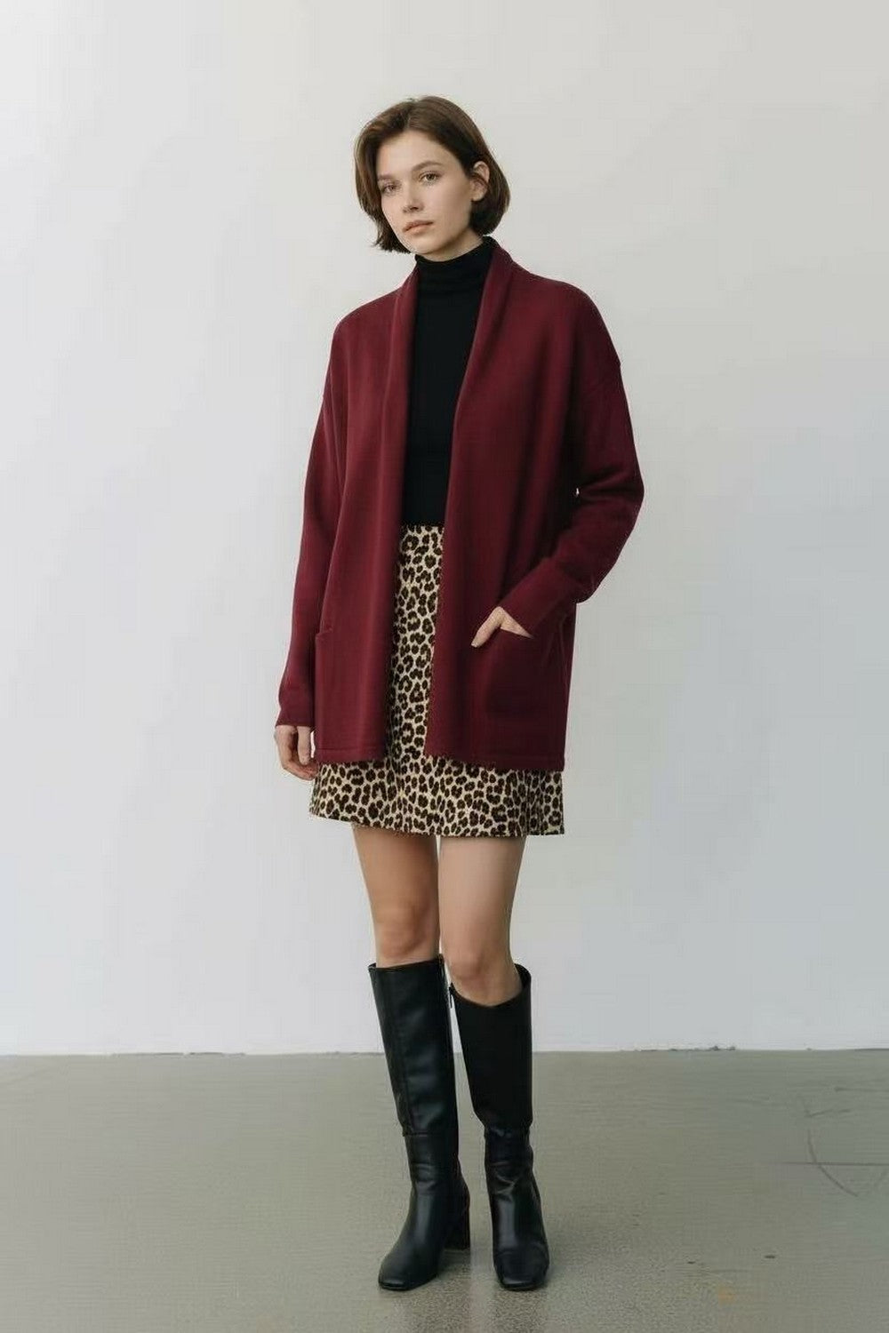 Long shawl collar cardigan with front pockets and long sleeves