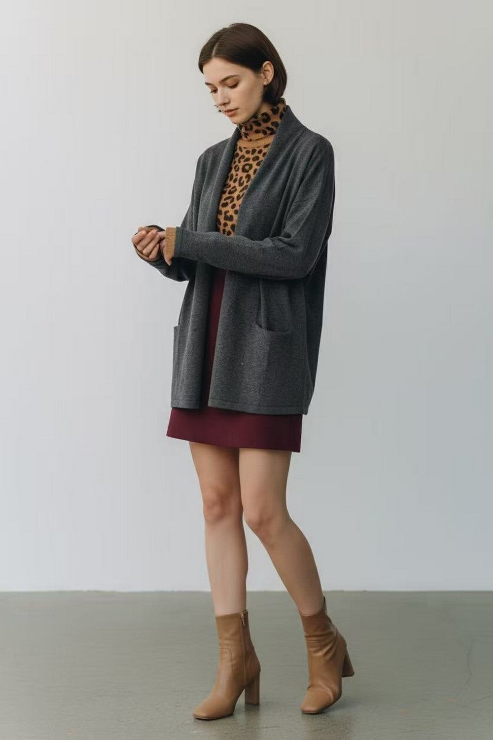 Long shawl collar cardigan with front pockets and long sleeves