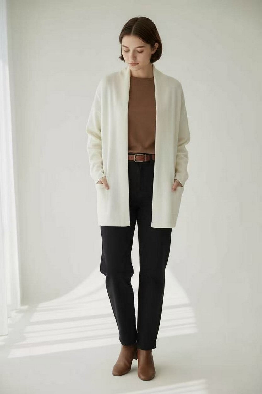 Long shawl collar cardigan with front pockets and long sleeves