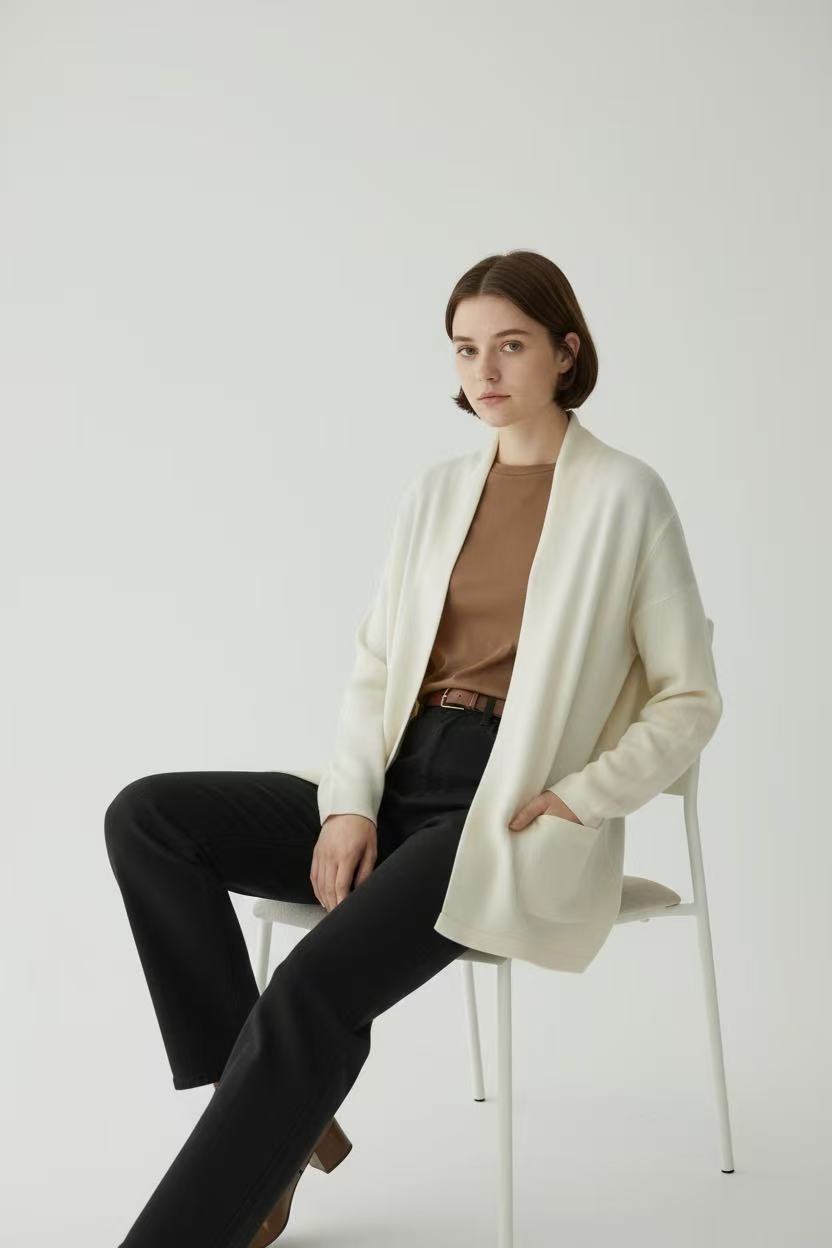 Long shawl collar cardigan with front pockets and long sleeves