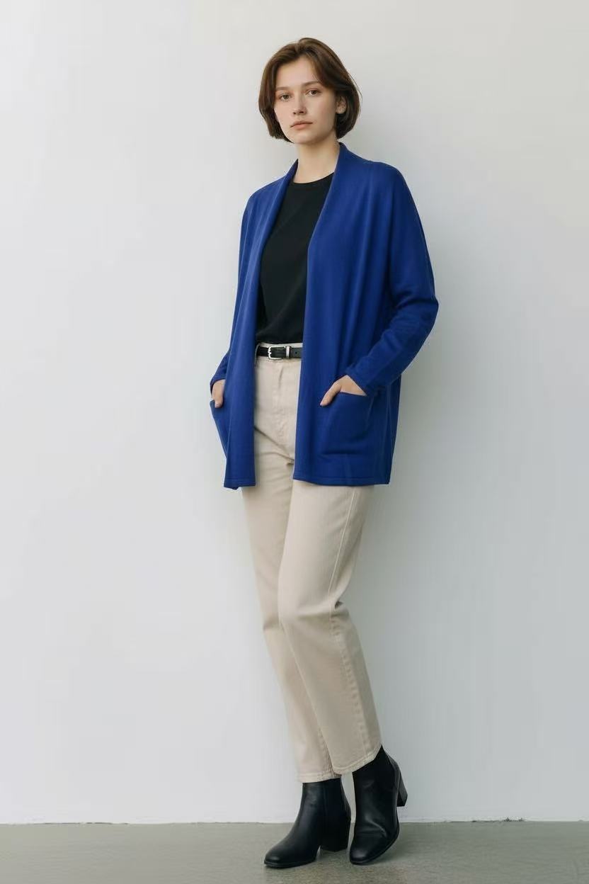 Long shawl collar cardigan with front pockets and long sleeves