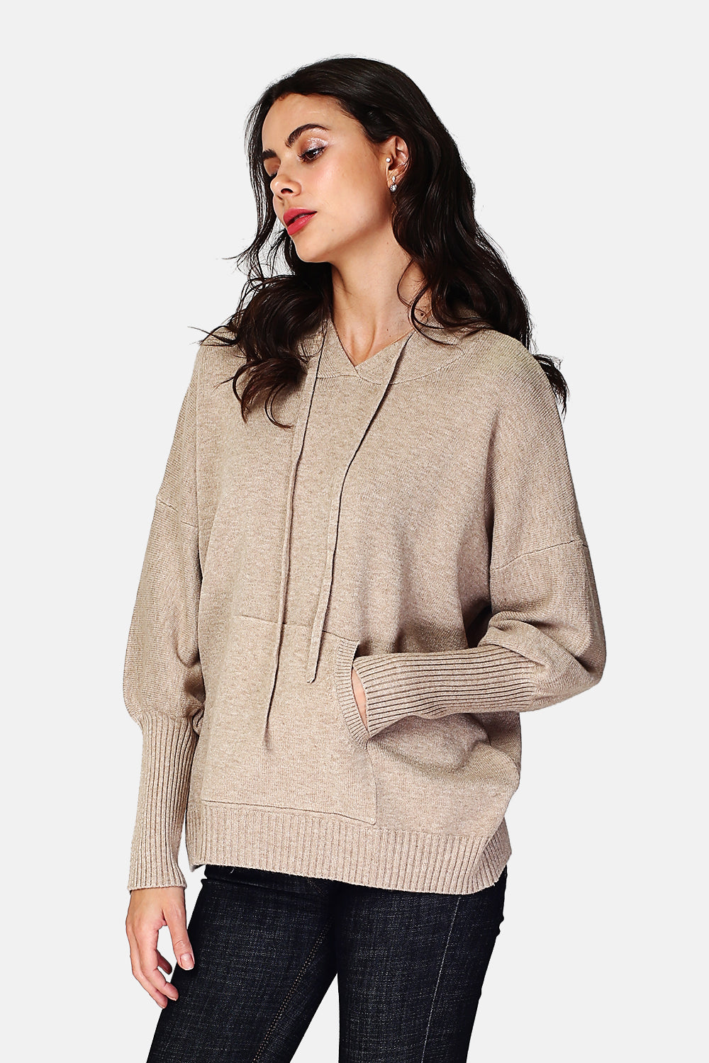 Pull à capuche poche devant 4 fils – Camel – Assuili