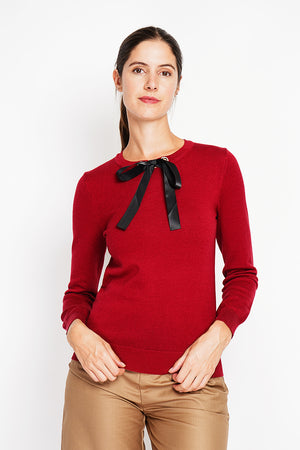 Satin bow crew neck sweater with long sleeves
