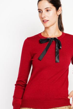 Satin bow crew neck sweater with long sleeves
