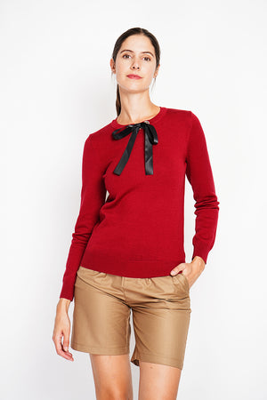 Satin bow crew neck sweater with long sleeves