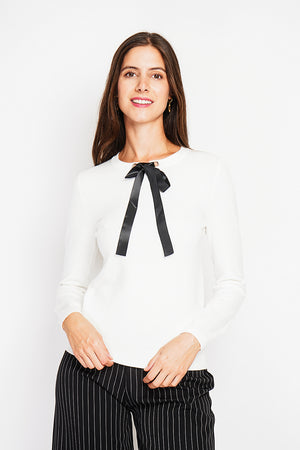 Satin bow crew neck sweater with long sleeves