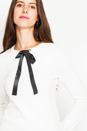 Satin bow crew neck sweater with long sleeves