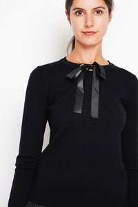 Satin bow crew neck sweater with long sleeves