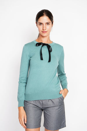 Satin bow crew neck sweater with long sleeves
