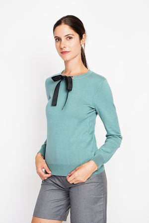 Satin bow crew neck sweater with long sleeves