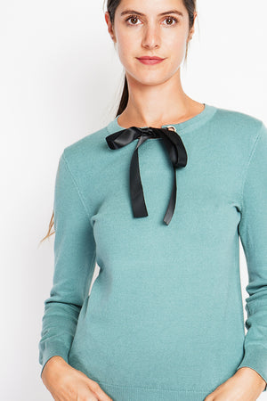 Satin bow crew neck sweater with long sleeves