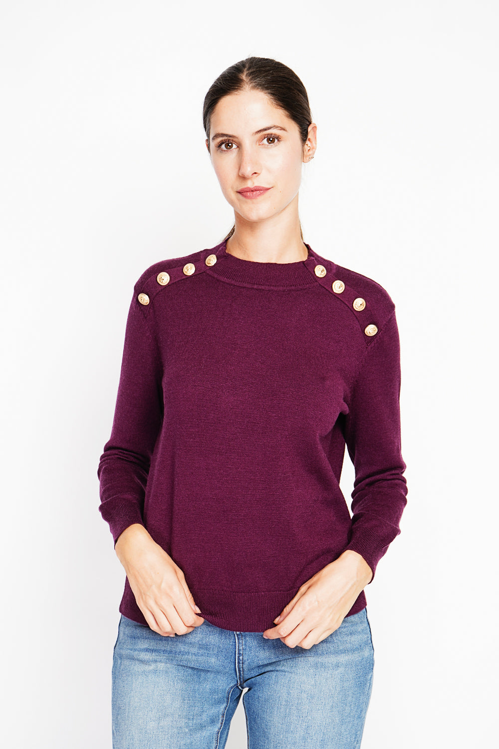 Crew neck sweater with fancy buttoning on raglan sleeves – Wine red – Assuili