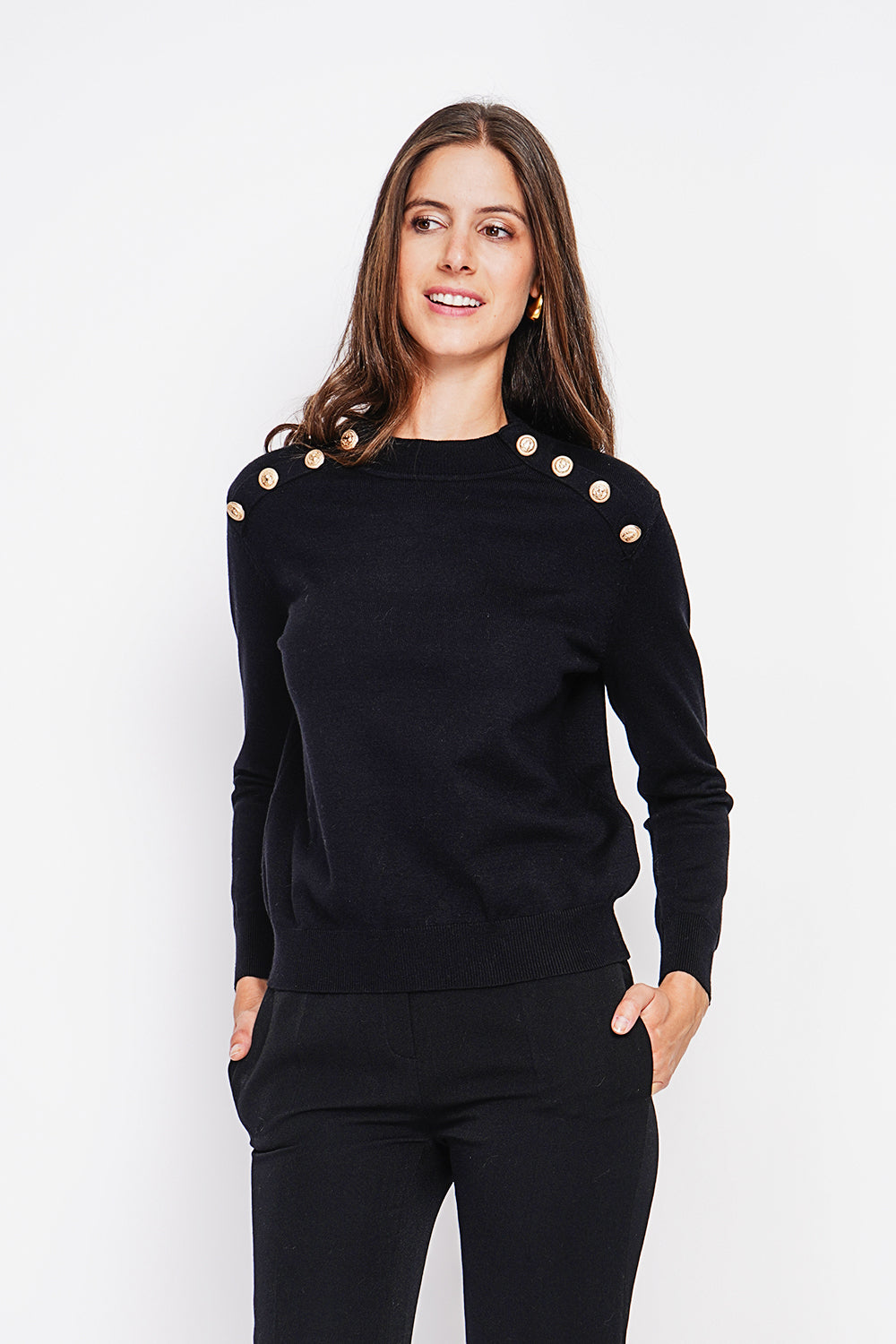 Pull col rond boutons fantaisie manches raglan – Noir – Assuili