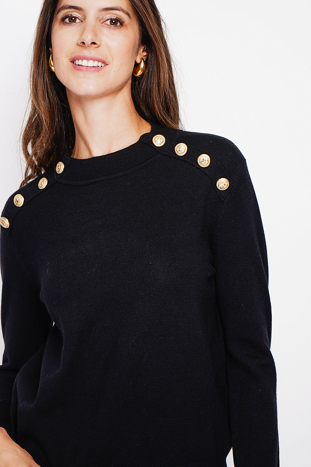 Pull col rond boutons fantaisie manches raglan – Noir – Assuili