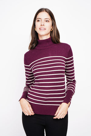 Striped turtleneck sweater with buttoning on the sleeves, length
