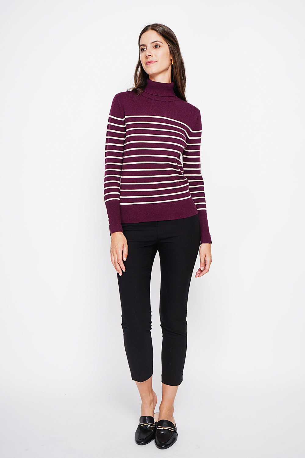 Striped turtleneck sweater with buttoning on the sleeves, length