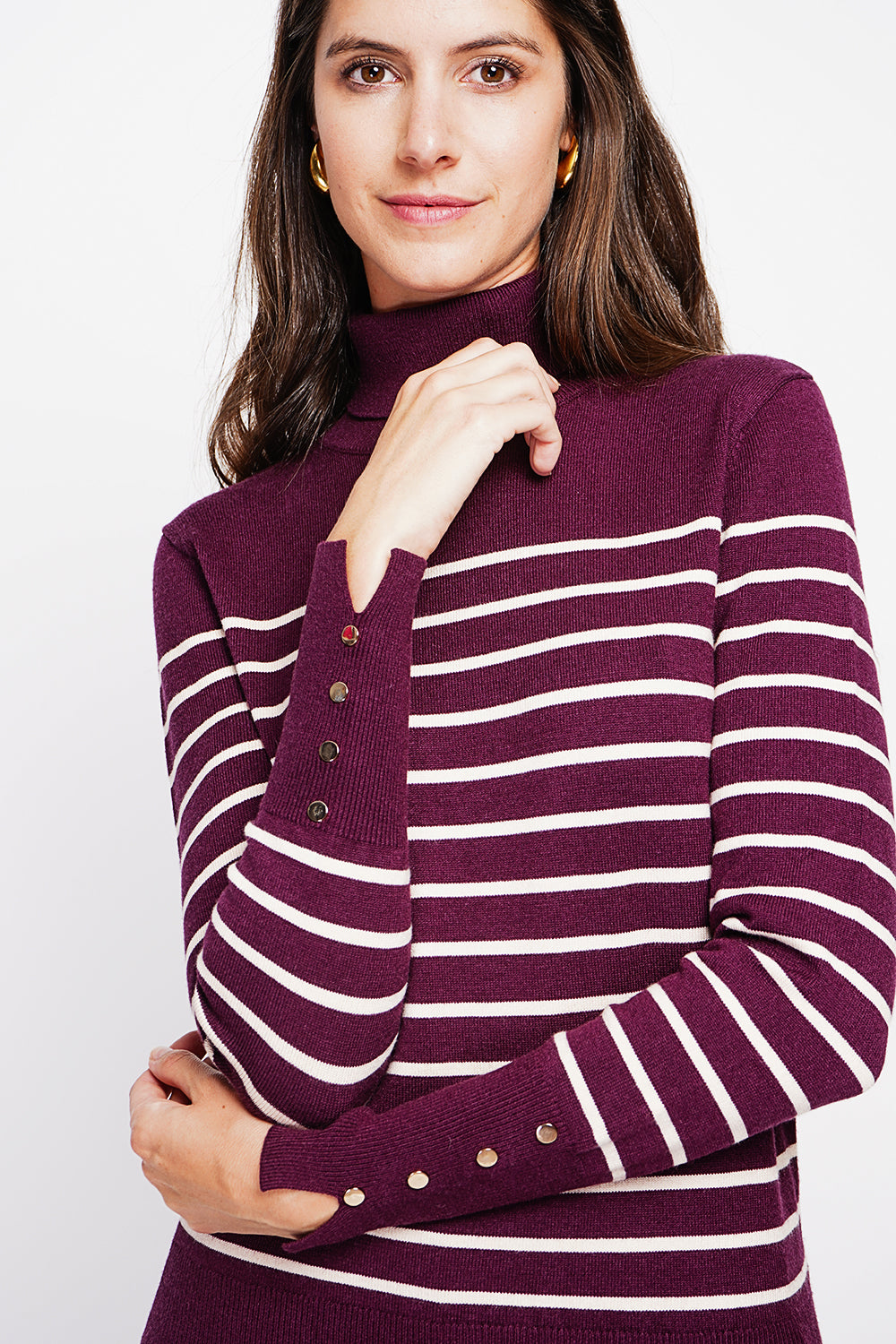 Pull marinière col roulé manches boutonnées – Bordeaux – Assuili