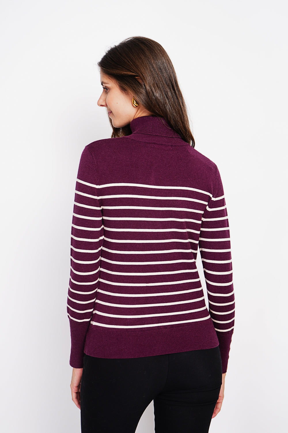 Striped turtleneck sweater with buttoning on the sleeves, length