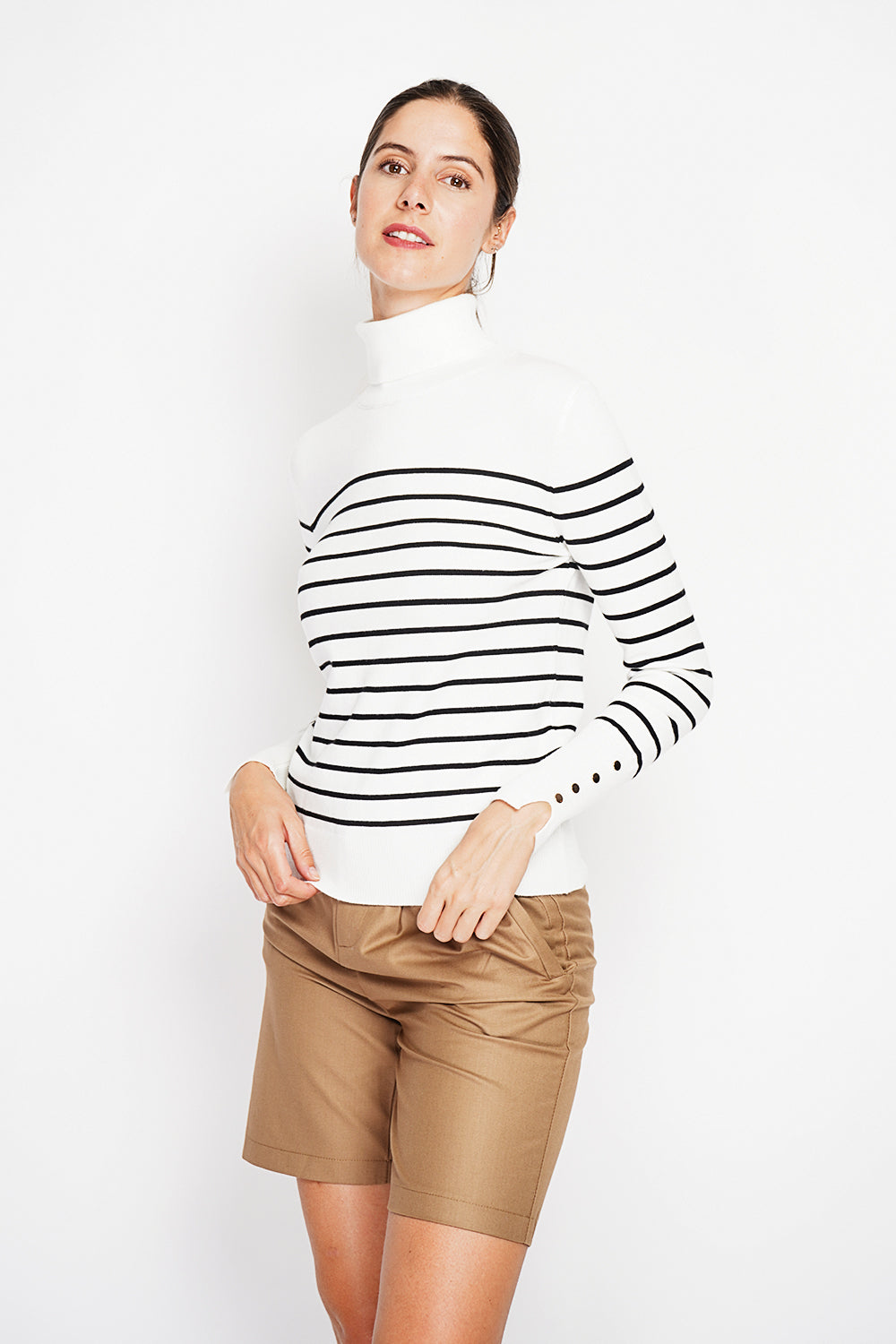 Striped turtleneck sweater with buttoning on the sleeves, length