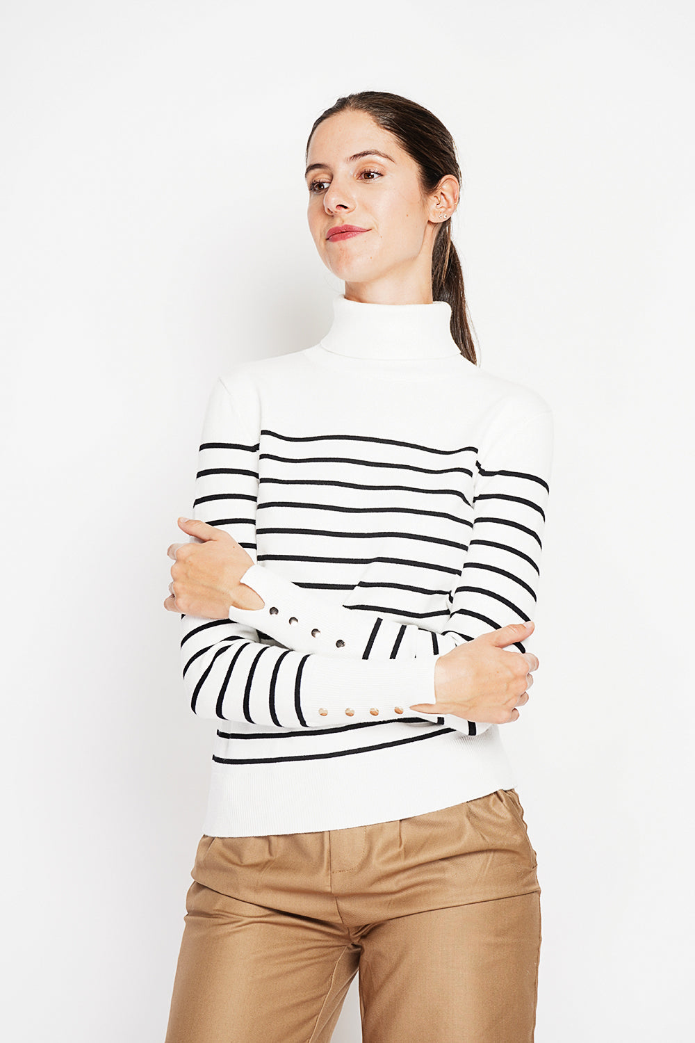 Striped turtleneck sweater with buttoning on the sleeves, length