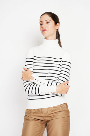 Striped turtleneck sweater with buttoning on the sleeves, length