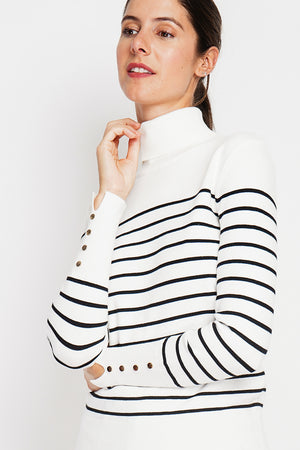 Striped turtleneck sweater with buttoning on the sleeves, length