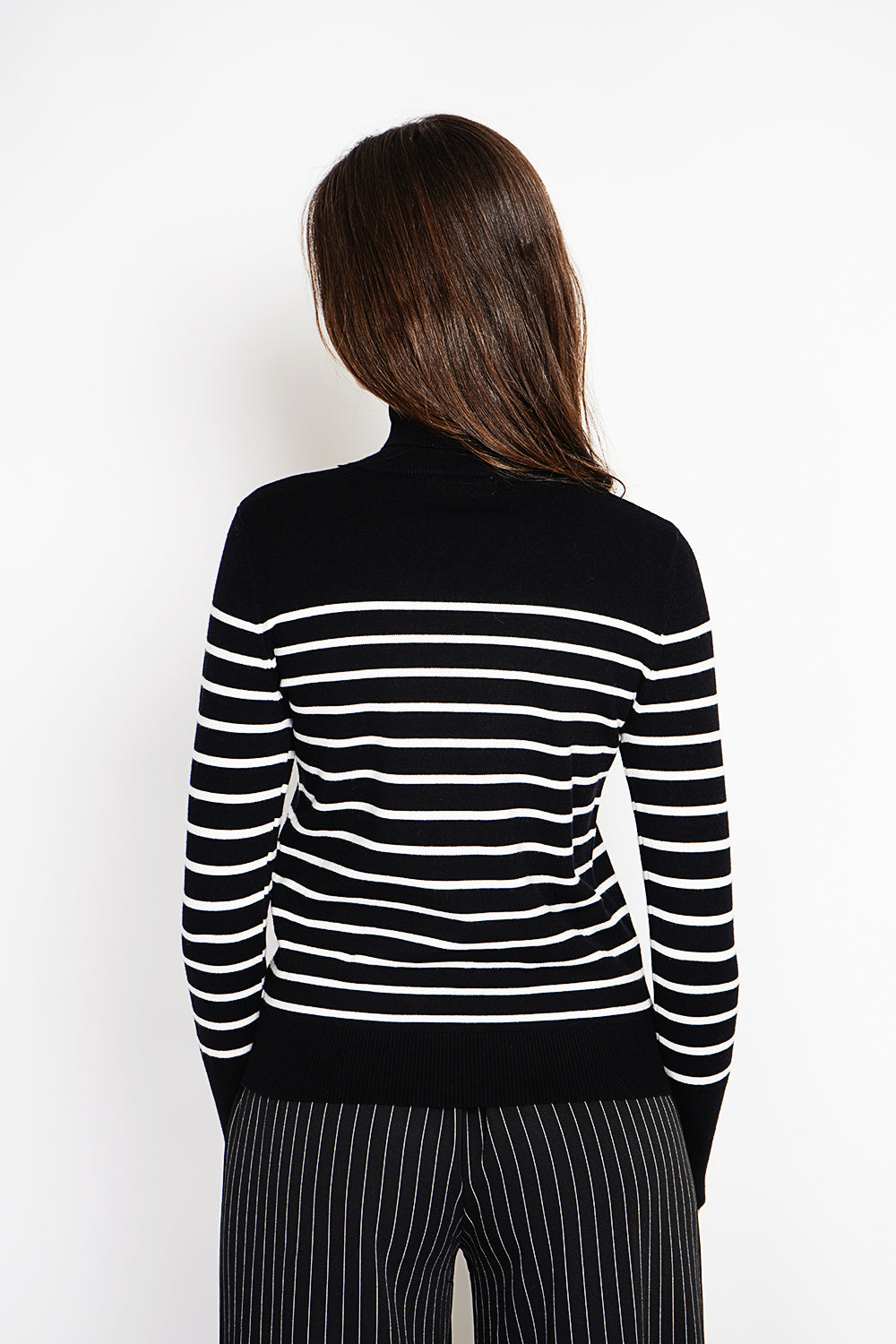 Striped turtleneck sweater with buttoning on the sleeves, length