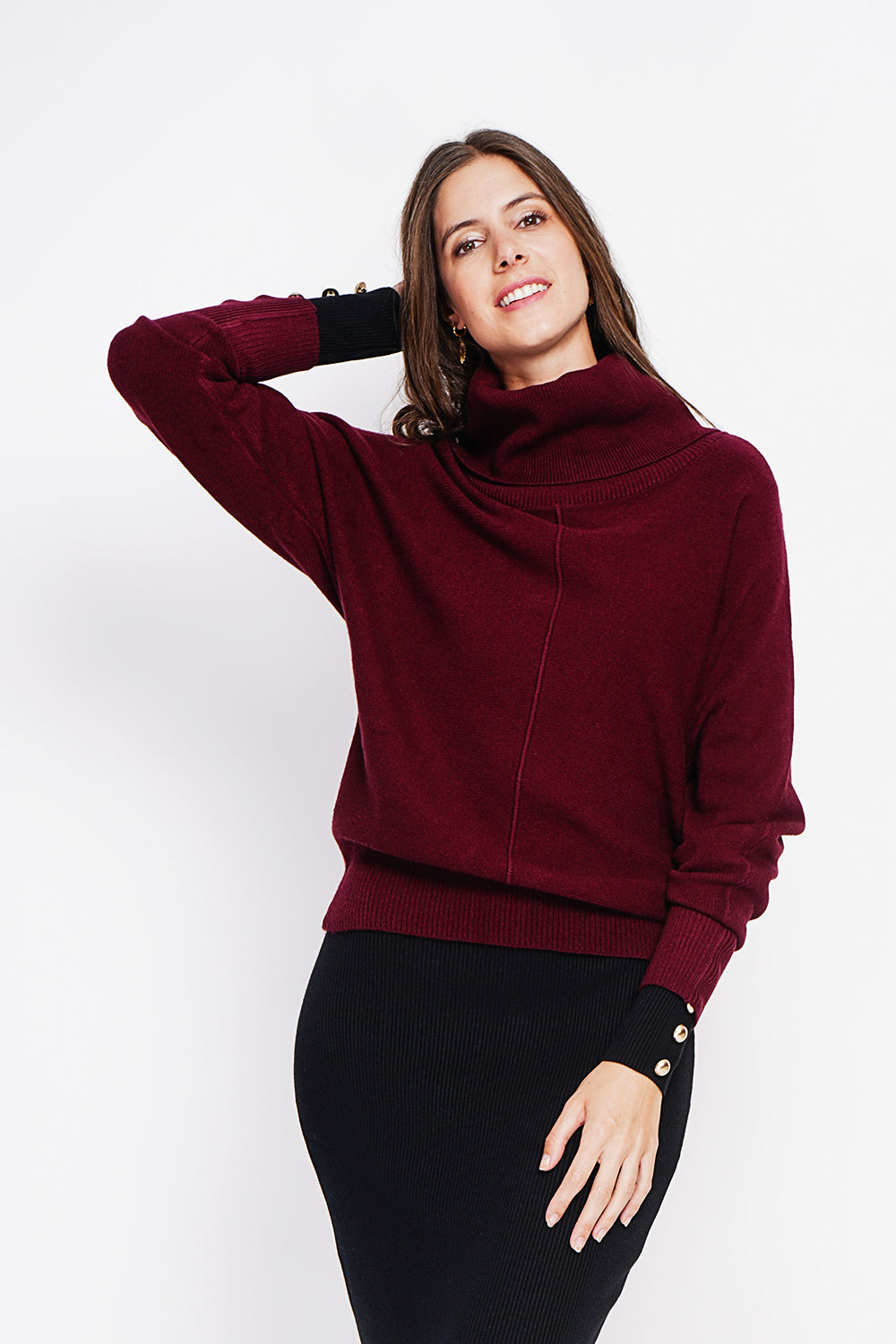 Nervous ball neck sweater with batwing sleeves – Wine red – Assuili