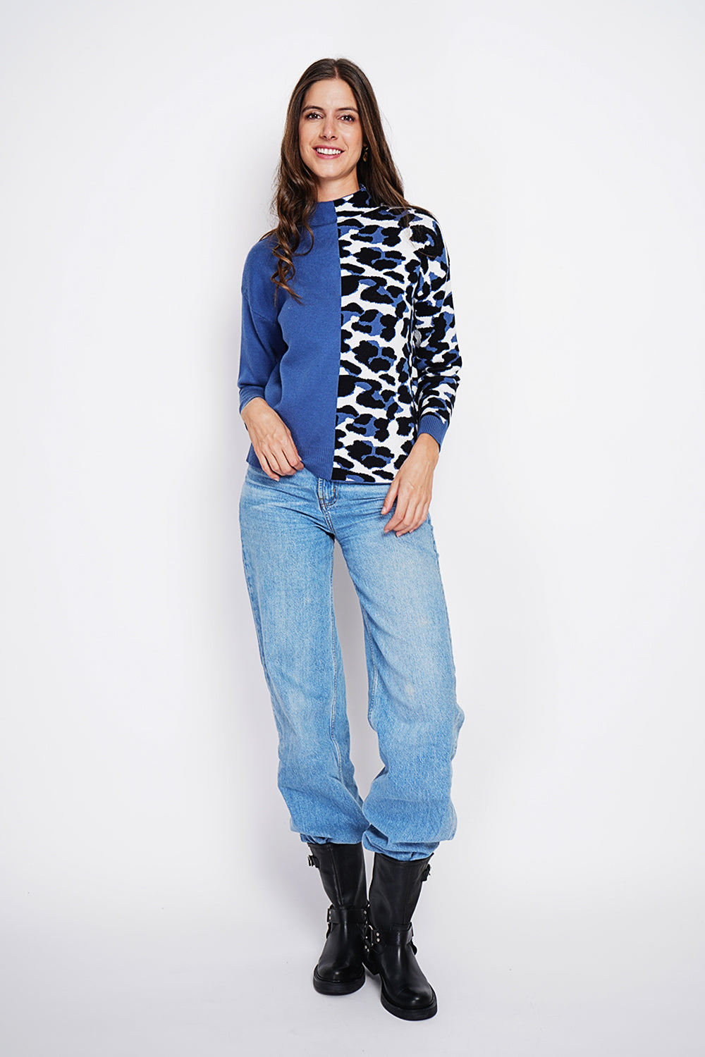 Pull col roulé léopard oversize – Bleu jean – Assuili