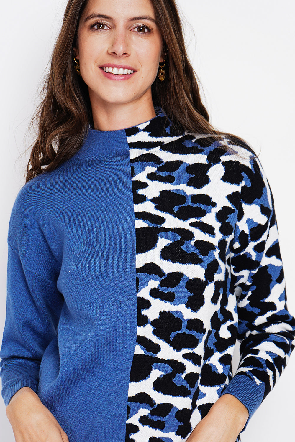 Pull col roulé léopard oversize – Bleu jean – Assuili