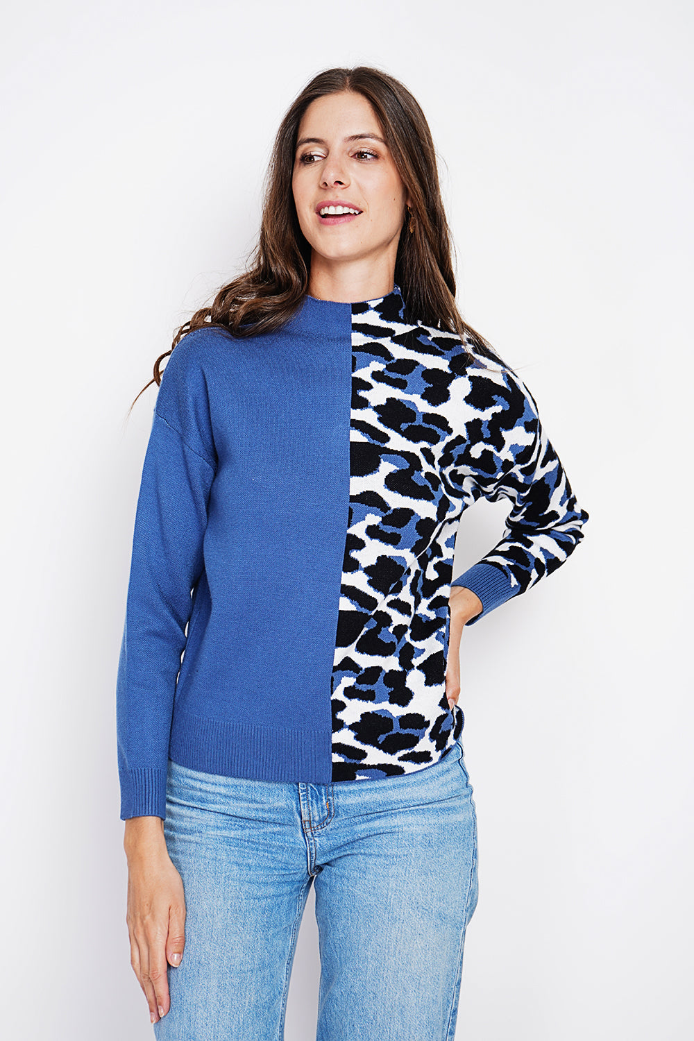 Pull col roulé léopard oversize – Bleu jean – Assuili
