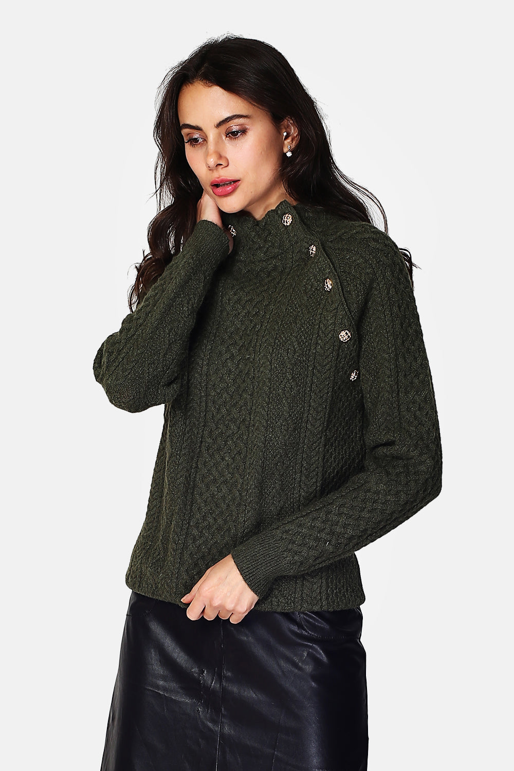 Pull col montant boutonné sur les côtés – Kaki – Assuili
