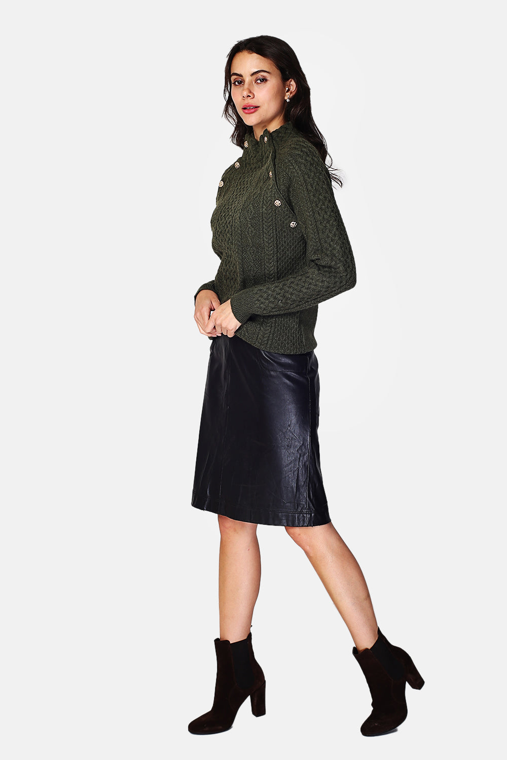 Pull col montant boutonné sur les côtés – Kaki – Assuili