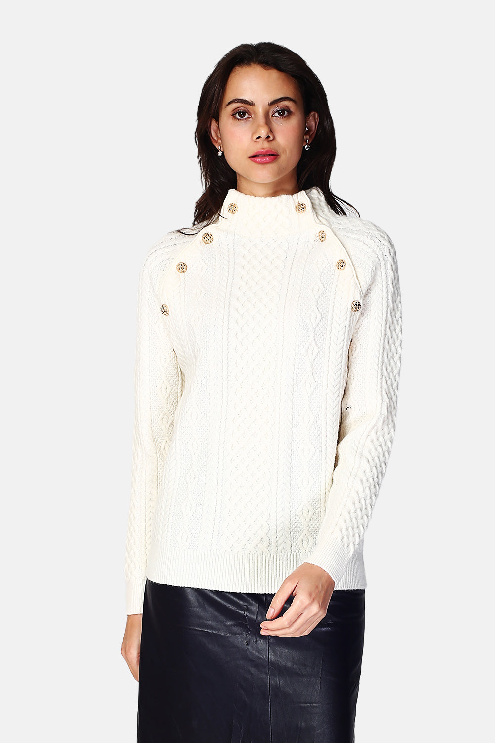 Pull col montant boutonné sur les côtés – Blanc cassé – Assuili