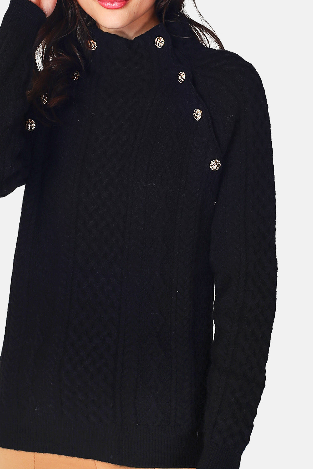 Pull col montant boutonné sur les côtés – Noir – Assuili