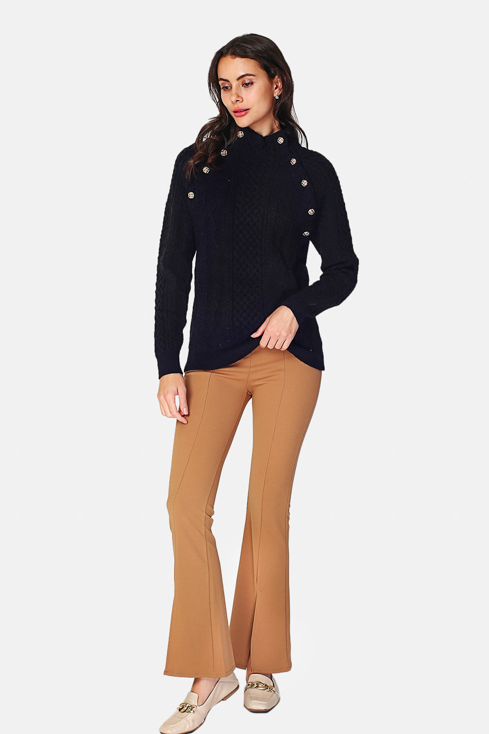 Pull col montant boutonné sur les côtés – Noir – Assuili