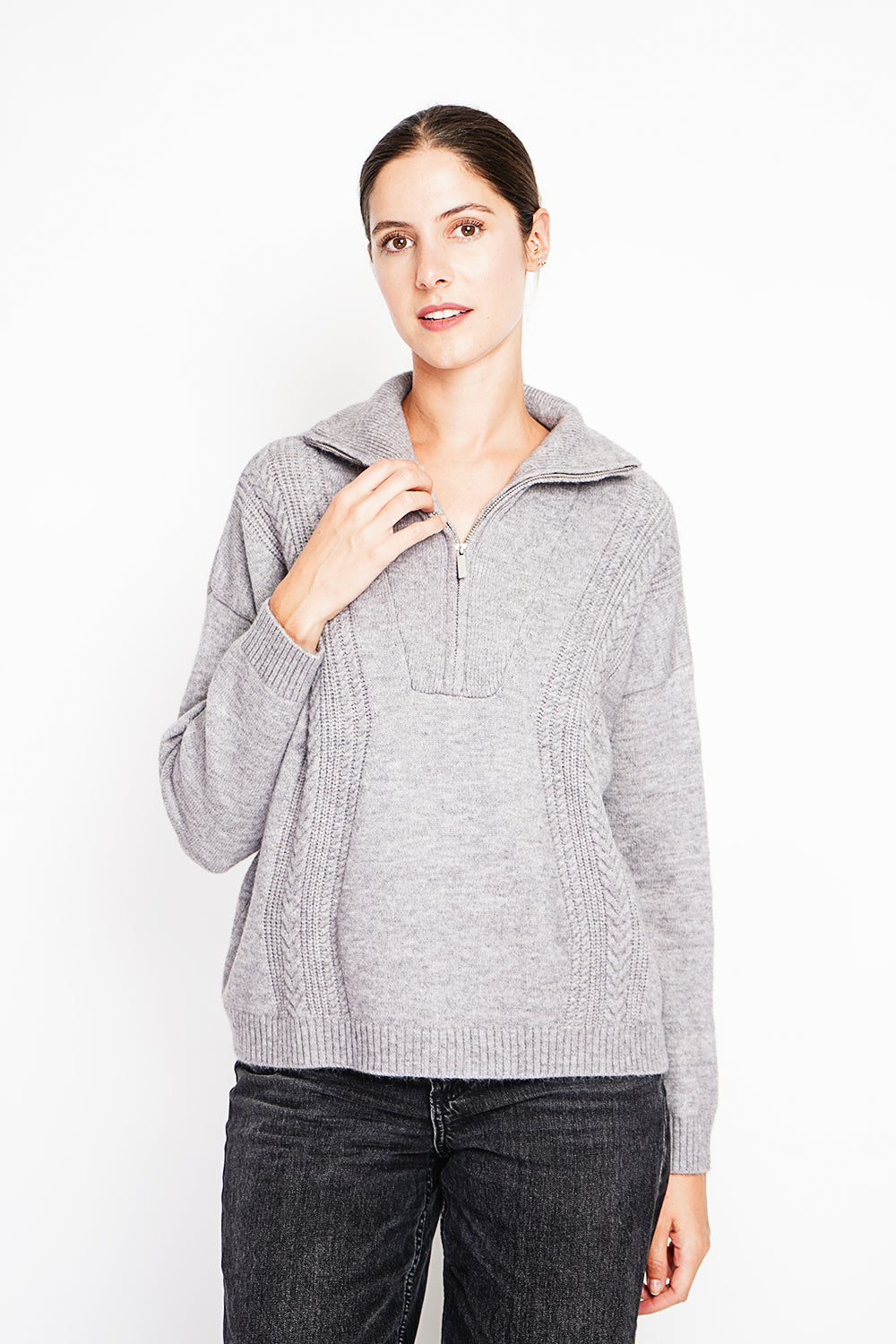 Oversized Cable Zip Trucker Sweater with Long Sleeves – Grey – Assuili