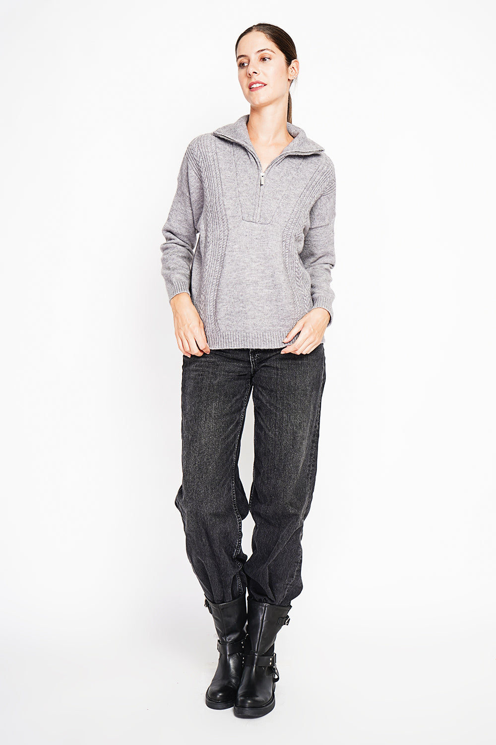 Oversized Cable Zip Trucker Sweater with Long Sleeves