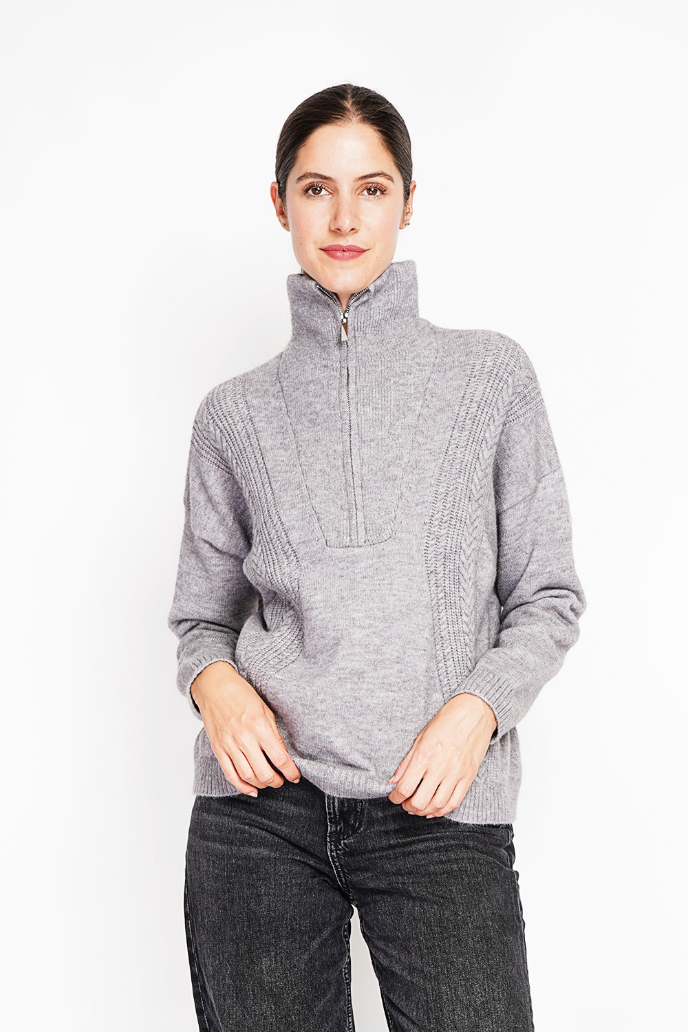 Oversized Cable Zip Trucker Sweater with Long Sleeves