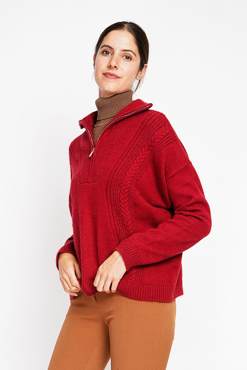 Oversized Cable Zip Trucker Sweater with Long Sleeves – Hermes red – Assuili