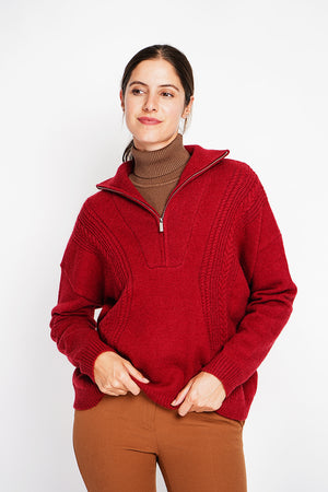 Oversized Cable Zip Trucker Sweater with Long Sleeves