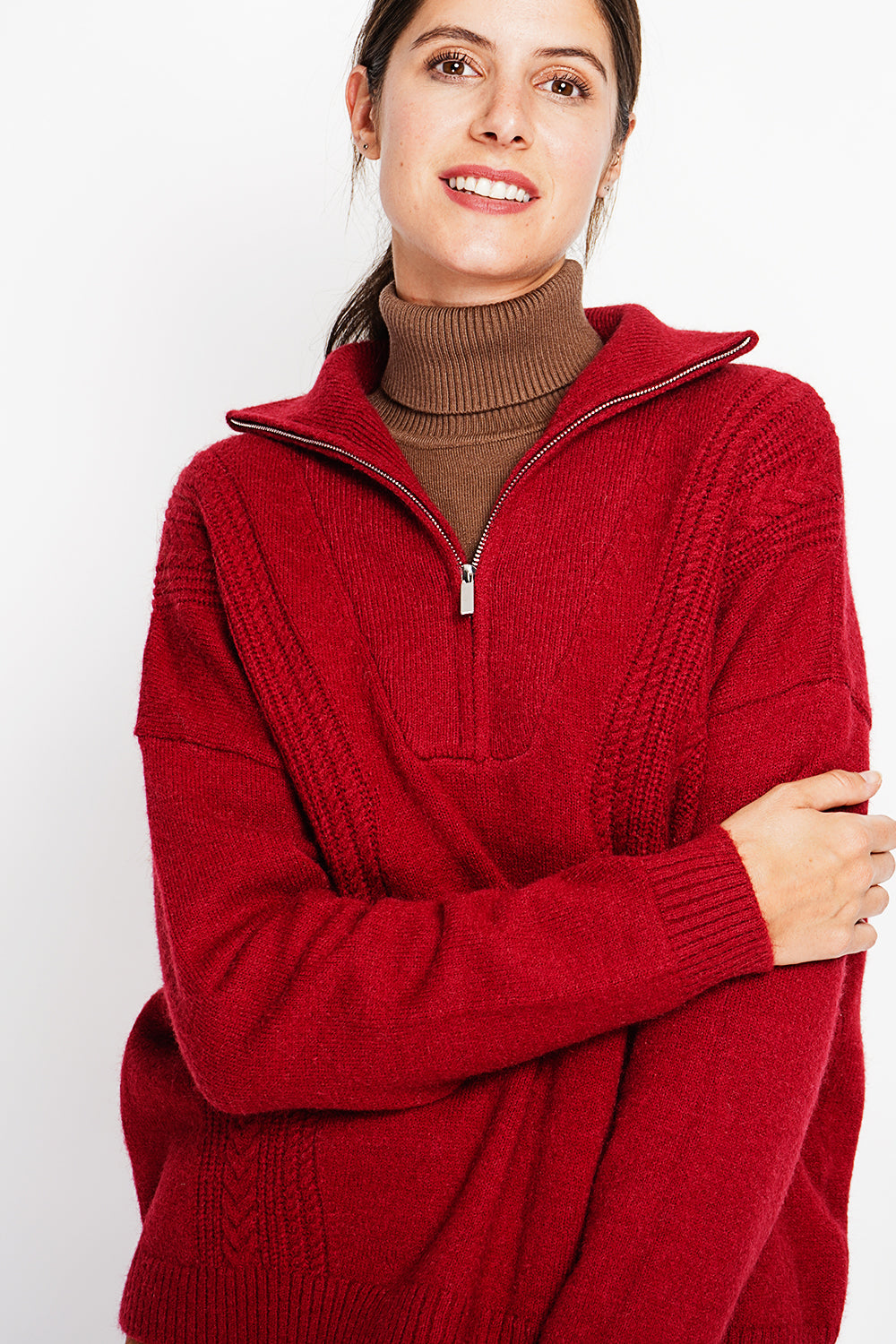 Oversized Cable Zip Trucker Sweater with Long Sleeves